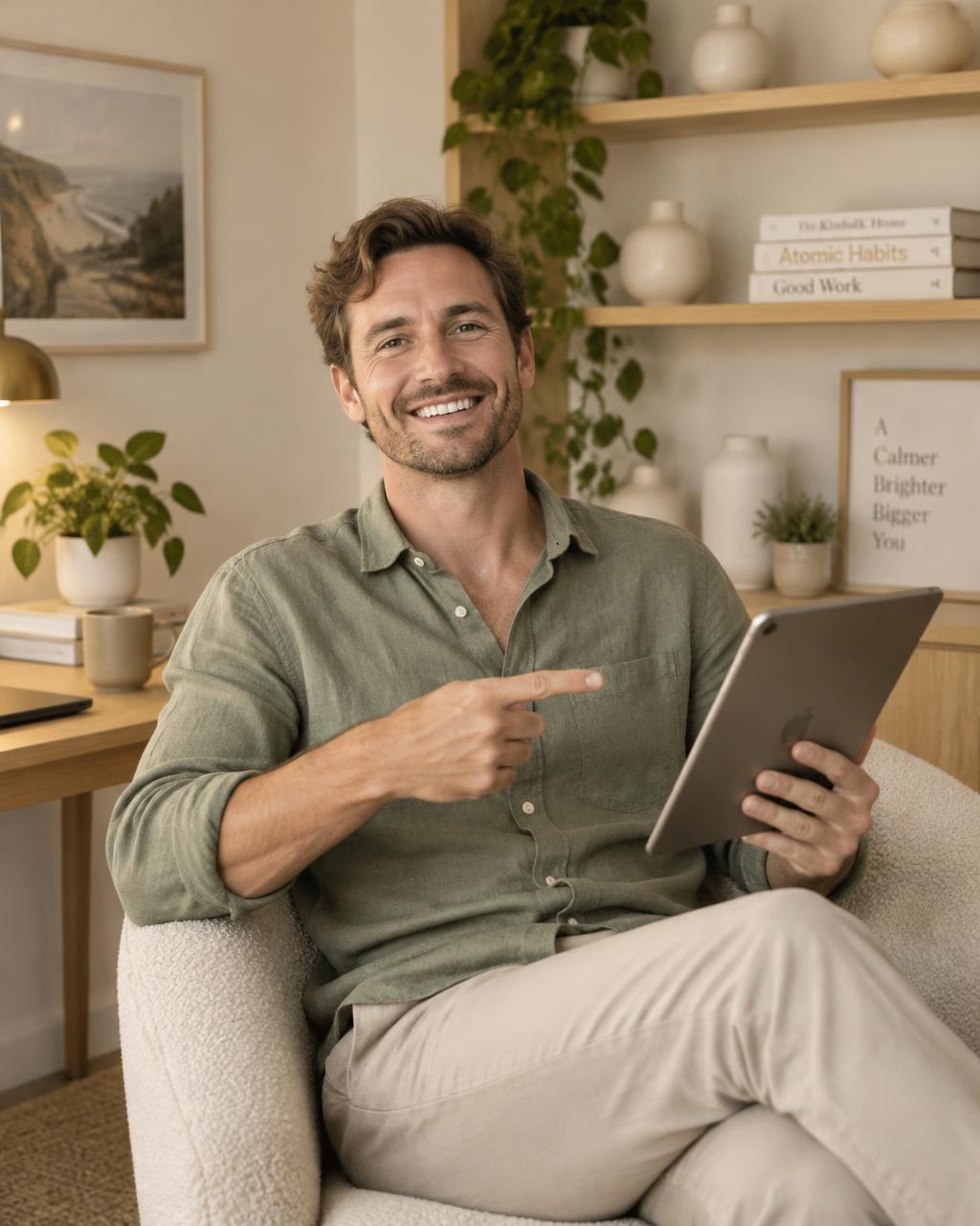 A smiling career changer pointing to his job search progress on a tablet