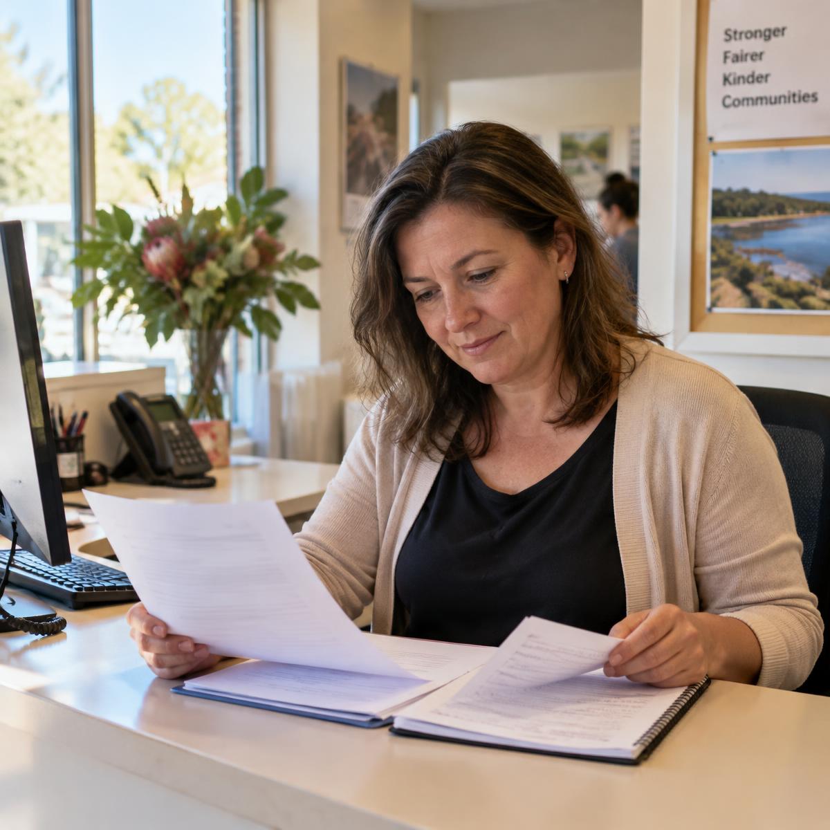 A job seeker reviewing her tailored resume at an office desk